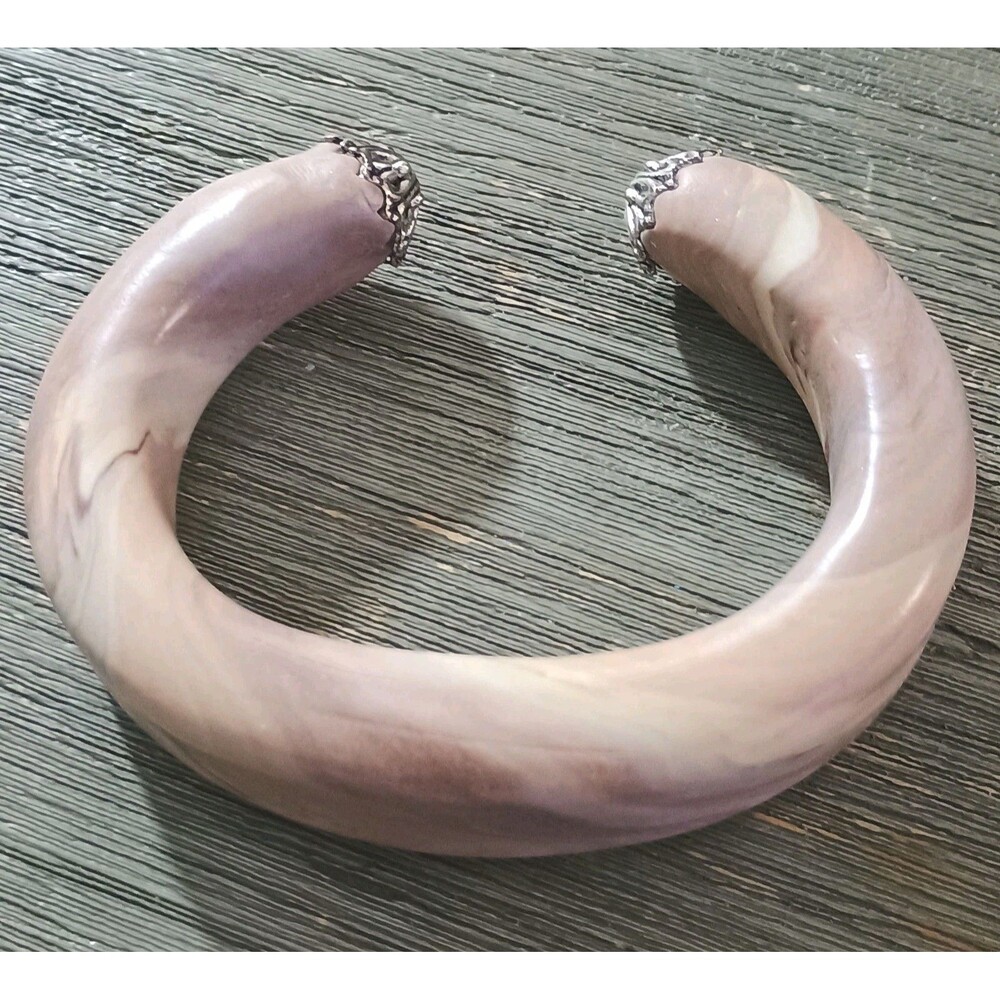 Studio Schiek Brown Cream Polymer Clay Handmade Silver Tone Cuff Bracelet
